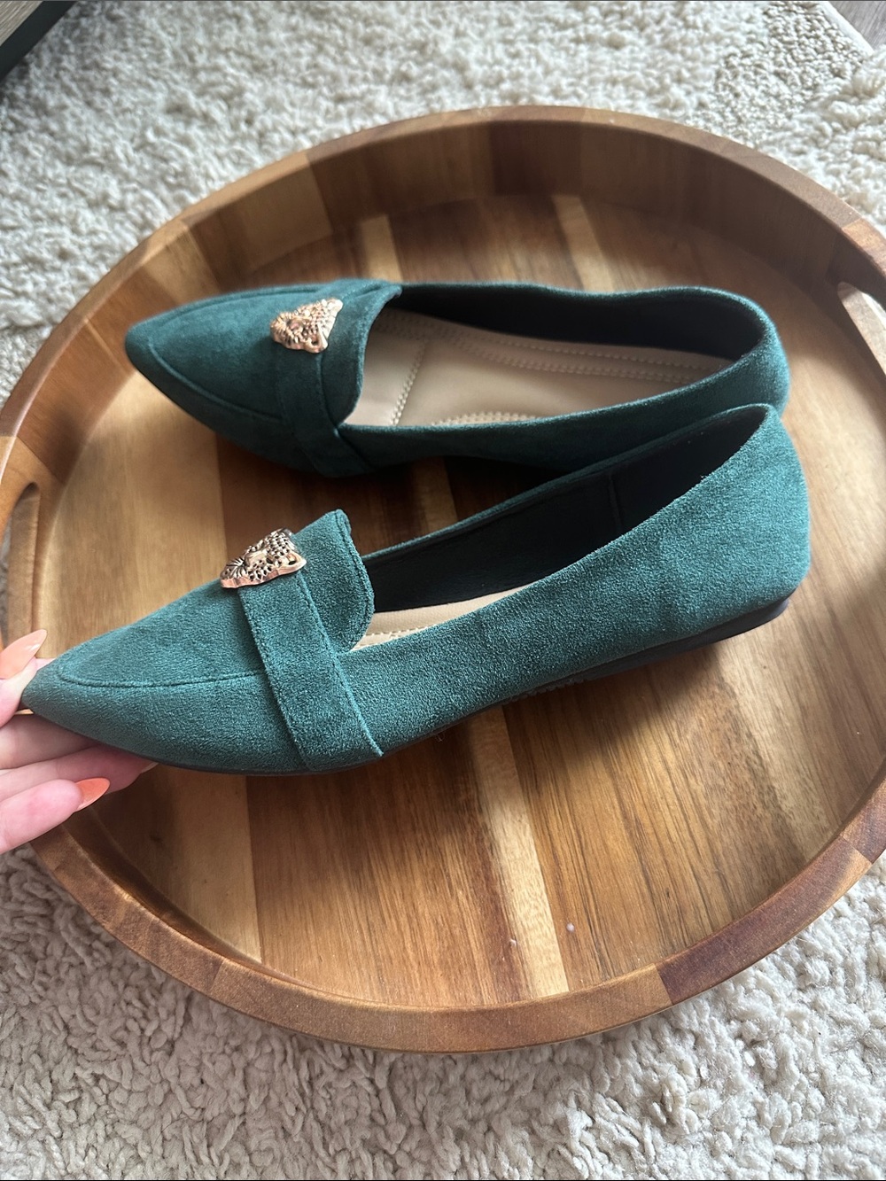 Green Suede Pointed-Toe Flats with Gold Cheetah Accent - Picture 5 of 5